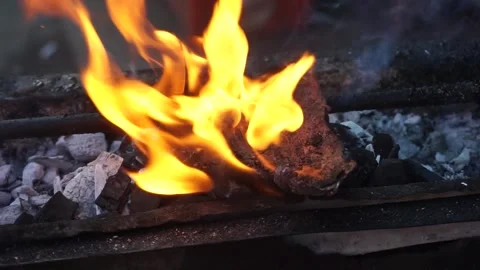 Close-up barbecue grill, burning fire flame, cooking outdoors. 動画素材 204048825