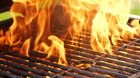 Close-up barbecue grill, slow motion night burning fire flame, cooking outdoors Stock Footage 193328935