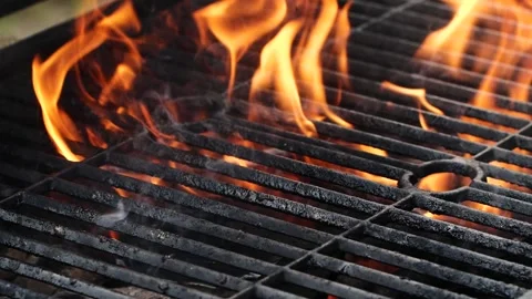 Close-up barbecue grill, slow motion night burning fire flame, cooking outdoors Stock Footage 204770935