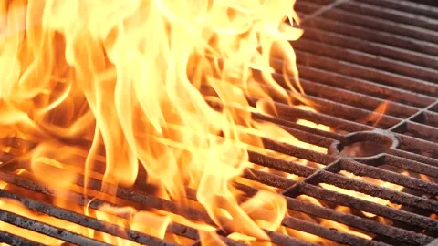 Close-up barbecue grill, slow motion night burning fire flame, cooking outdoors 스톡 동영상 213469901