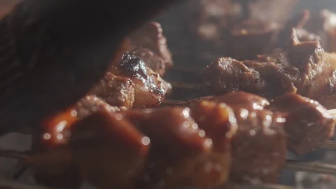 Close-up of barbecue on the grill smeared with brush with teriyaki sauce Stock Footage 123768639