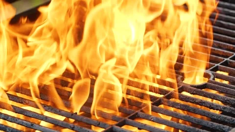 Close-up barbeque grill, slow motion night burning fire flame, cooking outdoors Stock Footage 186917434