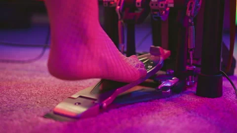 Close Up Bare Foot in Fishnet Pantyhose Pressing Kick Drum Pedal Stock Footage 307460053