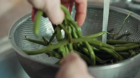 Close up of bare hands washing fresh organic green beans under running water Stock Footage 343555546