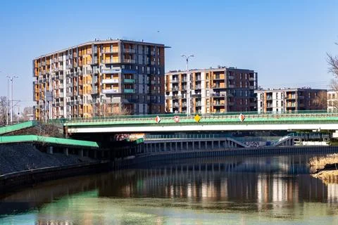 A close-up of bare tree branches with round seed pods against a clear blue Stock Photos