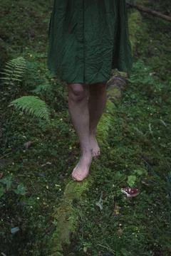 Close up barefoot walking in forest concept photo Stock Photos