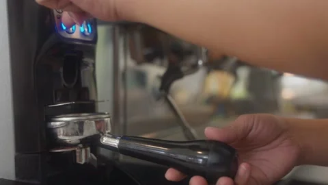 Close-up barista preparing coffee with  coffee machine Stock Footage 201833447
