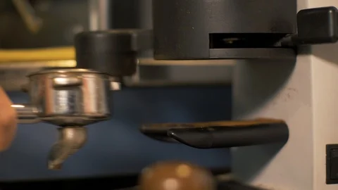 Close up barista preparing strong coffee cafe kitchen. Male hand making coffee Stock Footage 90678856