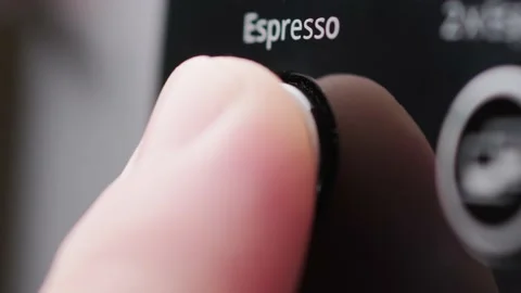 Close up Barista selects an espresso for making coffee presses button with word Stock Footage 143974200