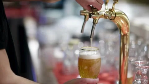 Close up of bartender pouring beer. After closing the tap for pouring beer, t Stock Footage 265766188