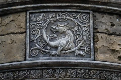Close-up of the bas-relief of Garibaldi Castle. Stock Photos