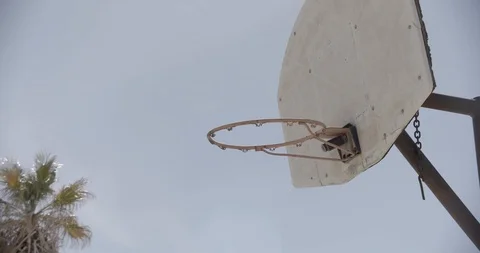 Close Up on Basketball Hoop with Palm Tree In Background  - Tilt Down Stock Footage 89943010