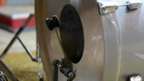 Close up of a bass drum being hit using floor pedal multiple times. Stock Footage 324058581