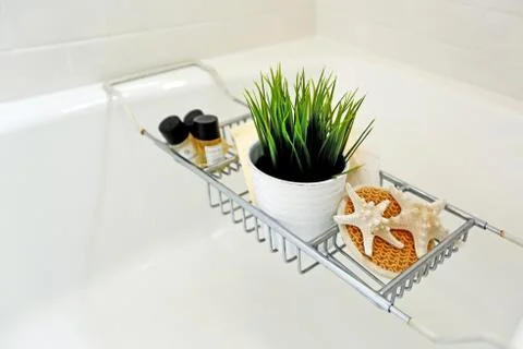 Close up of bathroom spa set with green plant pot. Northwest, USA Stock Photos