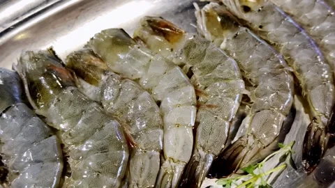 Close Up BBQ Shrimp Grilling on Hot Pan Stock Footage 340413346