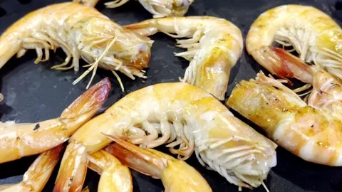 Close Up BBQ Shrimp Grilling on Hot Pan Stock Footage 340413433