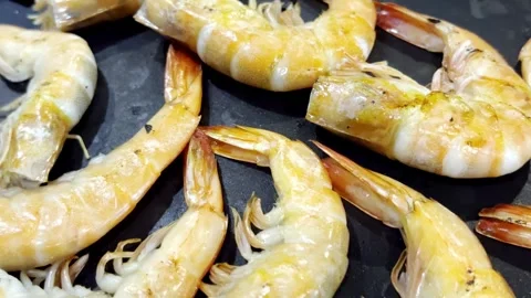 Close Up BBQ Shrimp Grilling on Hot Pan Stock Footage 340413485