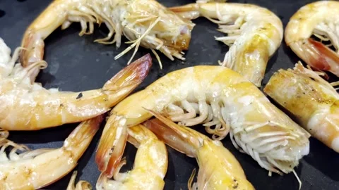 Close Up BBQ Shrimp Grilling on Hot Pan Stock Footage 340413566