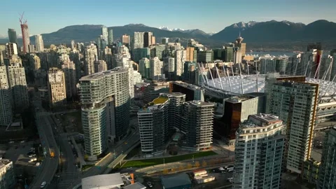 Close up of B.C. Place stadium and downtown Vancouver Aerial Drone Stock Footage 239073105