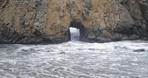 Close up of beach coast with waves splashing in slow motion, California Stock Footage 135304610