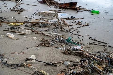 Close up of beach pollution. Garbage plastic, bottles, other unnecessary garb Stock Photos