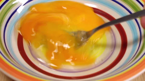 Close-up of Beaten Eggs in Ceramic Bowl for Cooking or Baking Stock Footage 288704575