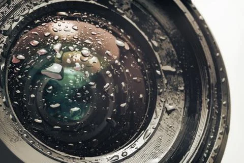 Close up beautiful Camera lens of drop water, white light. Background pattern Stock Photos