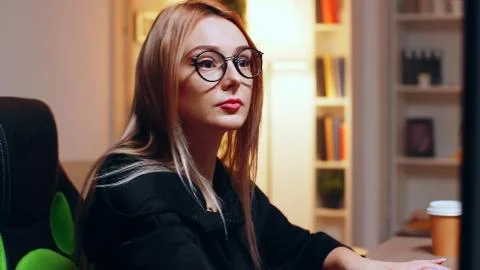Close up of beautiful girl hacker using modern software 스톡 사진
