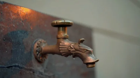 Close-up: beautiful golden patterned tap. Girl turns tap and begins to wash her 库存影片 115335959