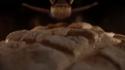 Close-up of beautiful homemade rustic bread with a pattern being put in the oven Stock Footage 168818416