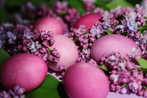 Close-up of beautiful lilac Easter eggs with blooming lilac branches. Easter Fotos de archivo