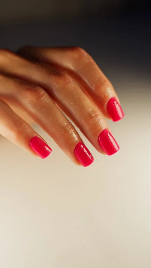 Close-up of beautiful red painted nails in a beauty salon. Video stock 343535219