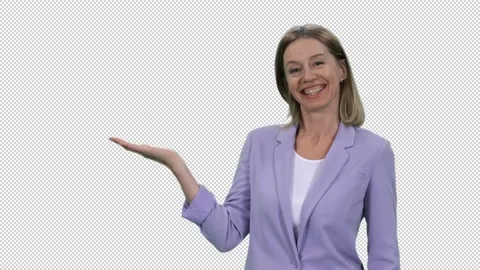 Close-up of beautiful smiling middle aged woman something presenting, alpha in Stock Footage 304809103