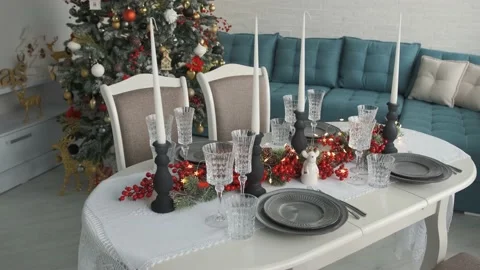 Close up of a beautiful table served for Christmas dinner in living room. Stock Footage 142572146