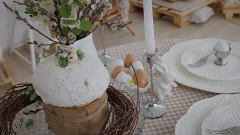 Close-up, beautiful table setting for the bright religious holiday Easter Stock Footage 306461190