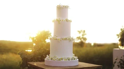 Close up of beautiful three-tier wedding cake on a table under an arch in a Stock-Footage 279771767