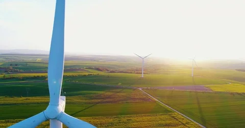 Close up of beautiful windmill turbines, wind reneval energy turbines Stock Footage