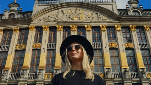 Close up beautiful woman portrait look on architecture square travel Stock Footage 112136853