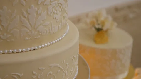 A close up of a beautifully decorated wedding cake Stock Footage 88536265