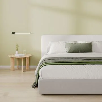Close up of bedroom interior with bed and bedside table with decor, light gre Stock Illustration