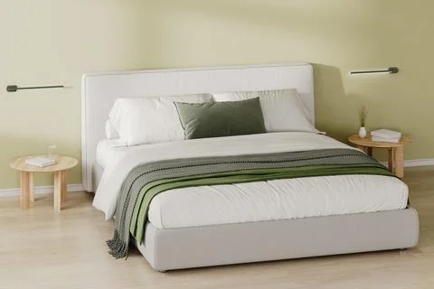 Close up of bedroom interior with bed and bedside table with decor, light gre Stock Illustration