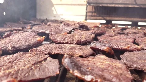 Close up of beef jerky being smoked and dehydrated on custom smoker grill Video stock 163368926