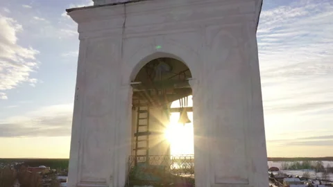 Close-up of the bell tower of the Russian Orthodox Church at sunset Stock Footage 145353699