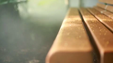 Close up of bench in a forest with smoke and mist around Stock Footage 56223139