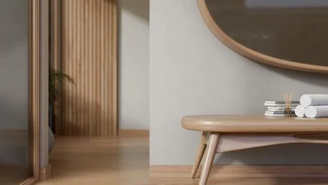 Close up of a bench or table with towels and diffuser on wooden floor corri.. Illustrazione stock