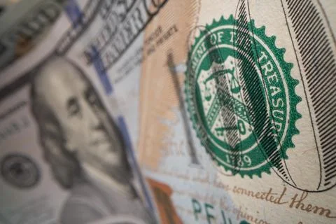 Close-up of Benjamin Franklin on a 100 dollar banknote. Stock Photos
