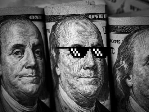 Close up Benjamin Franklin's face portrait wearing funny cool pixel sunglas.. Stock Photos