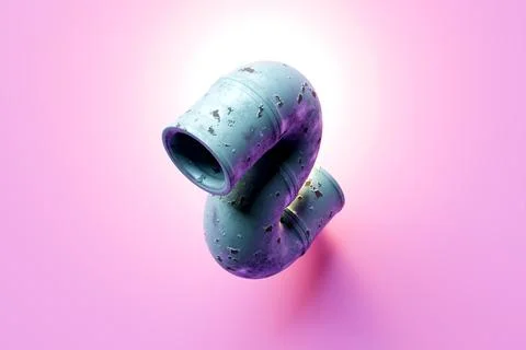 Close-up of a bent rusty pipe with peeling paint on a pink background. 3D ill Stock Illustration