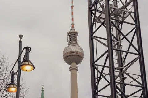 Close-up of Berlin's iconic TV Tower with industrial scaffolding Stock Photos