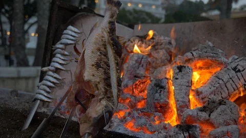 Close up of big fish being grilled in front of the fire in Malaga, Spain Stock Footage 112744110